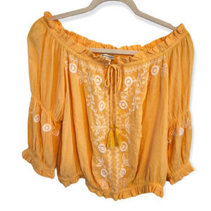 American Eagle Women's Off the Shoulder Yellow Top with Embroidery Medium NWT